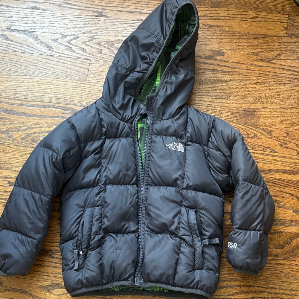 The North Face Black and Green Hooded Puffer Jacket